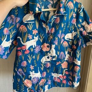 Princess Highway Blue Button Down Shirt with Tropical Print
